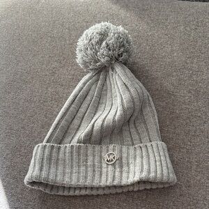 Michael Kors Light Gray Ribbed Beanie with Pom-Pom